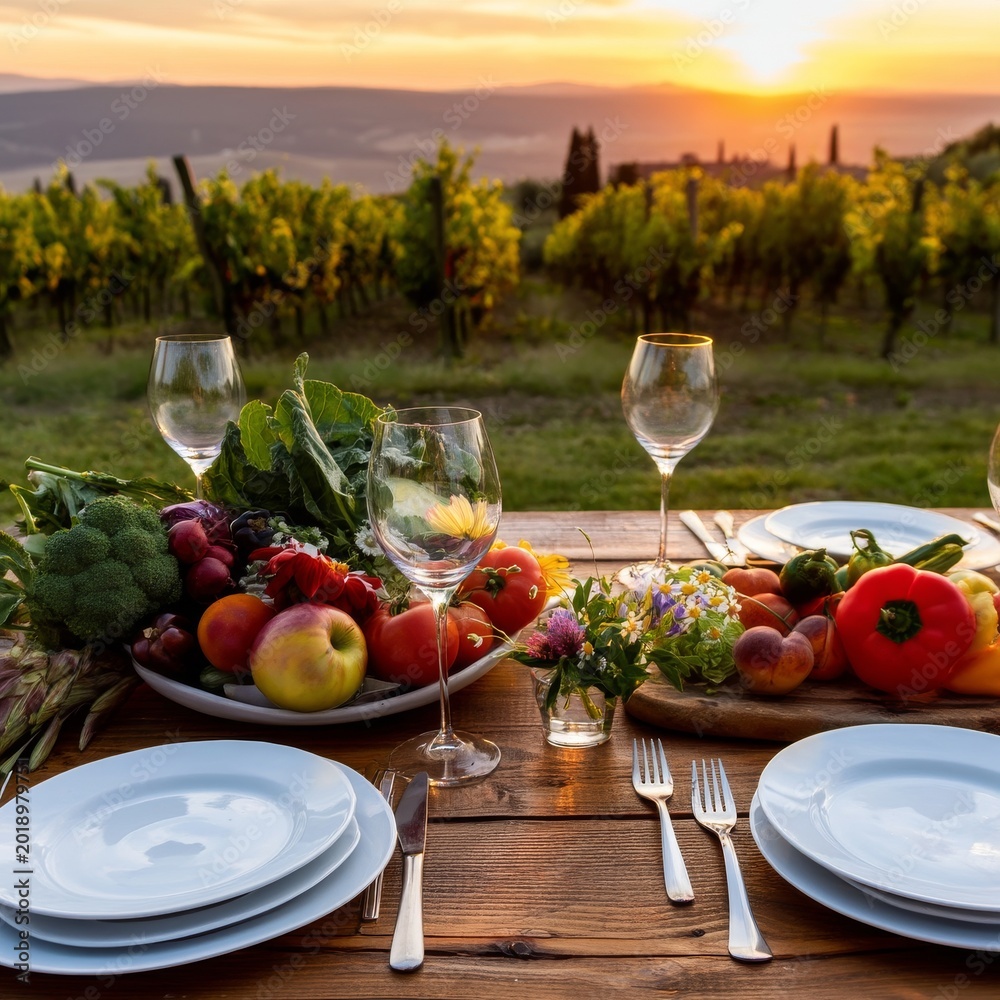 Obraz premium Dinner Table Set in Vineyard With Sunset View Over Hills While People Prepare for Meal