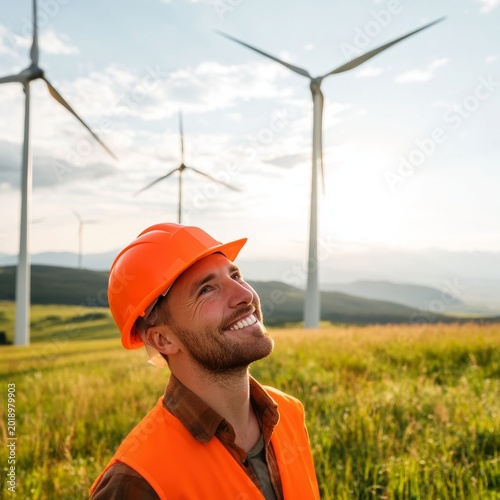 Woman in Safety Gear Smiling at Wind Turbines on a Sunny Day