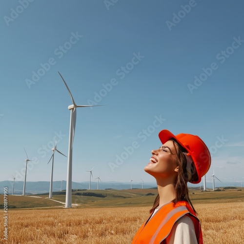 Woman in Safety Gear Smiling at Wind Turbines on a Sunny Day