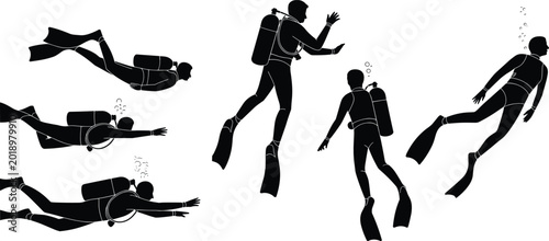 Foto Scuba, diver, silhouette, set, black, isolated, white, background, swimming, underwater, ocean, deep, sea, adventure, snorkeling, equipment, sports, vacation, vector, illustration