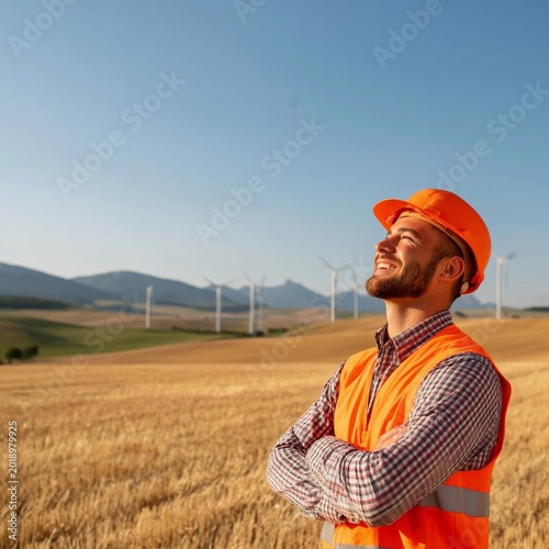 Woman in Safety Gear Smiling at Wind Turbines on a Sunny Day