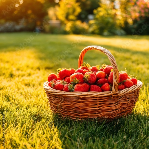 Strawberry Basket Sits on Grass in Bright Light During Summer Evening