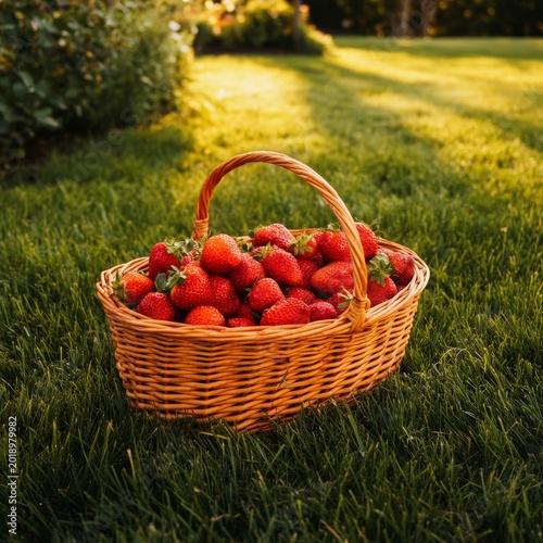Freshly Picked Strawberries in a Basket on Green Grass During Late Afternoon