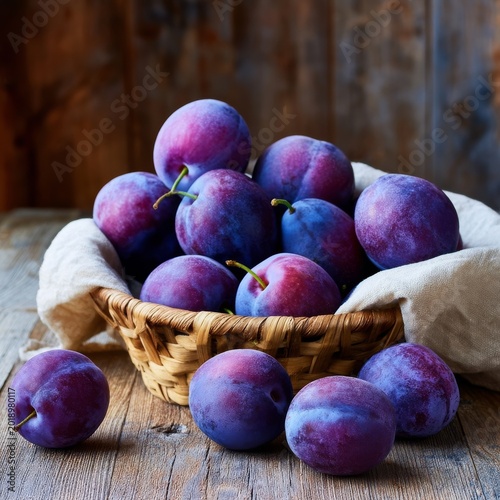 Fresh Plums in a Basket on a Wooden Table With Rustic Background During Daylight