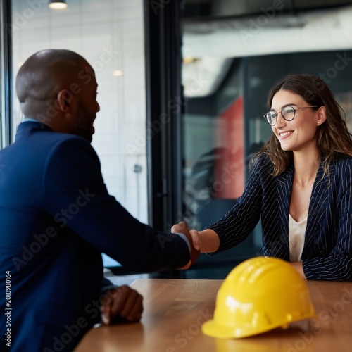 Construction Workers Shake Hands at a Meeting With a Yellow Hard Hat on the T...