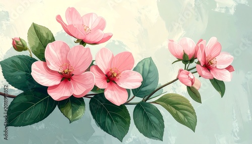 Delicate Pink Blossoms Blooming on Leafy Branch Against Soft Pastel Background