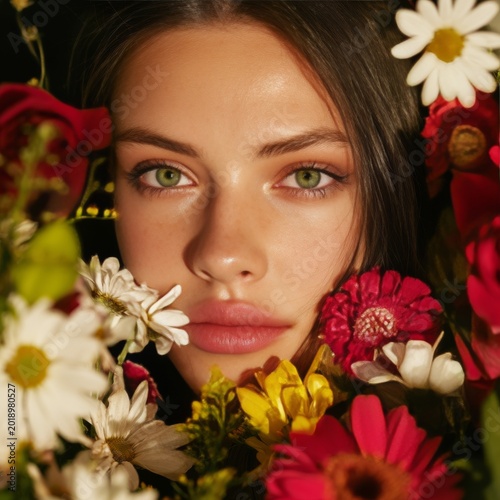 Young Woman Surrounded by Colorful Flowers in a Sunny Outdoor Setting With Br...