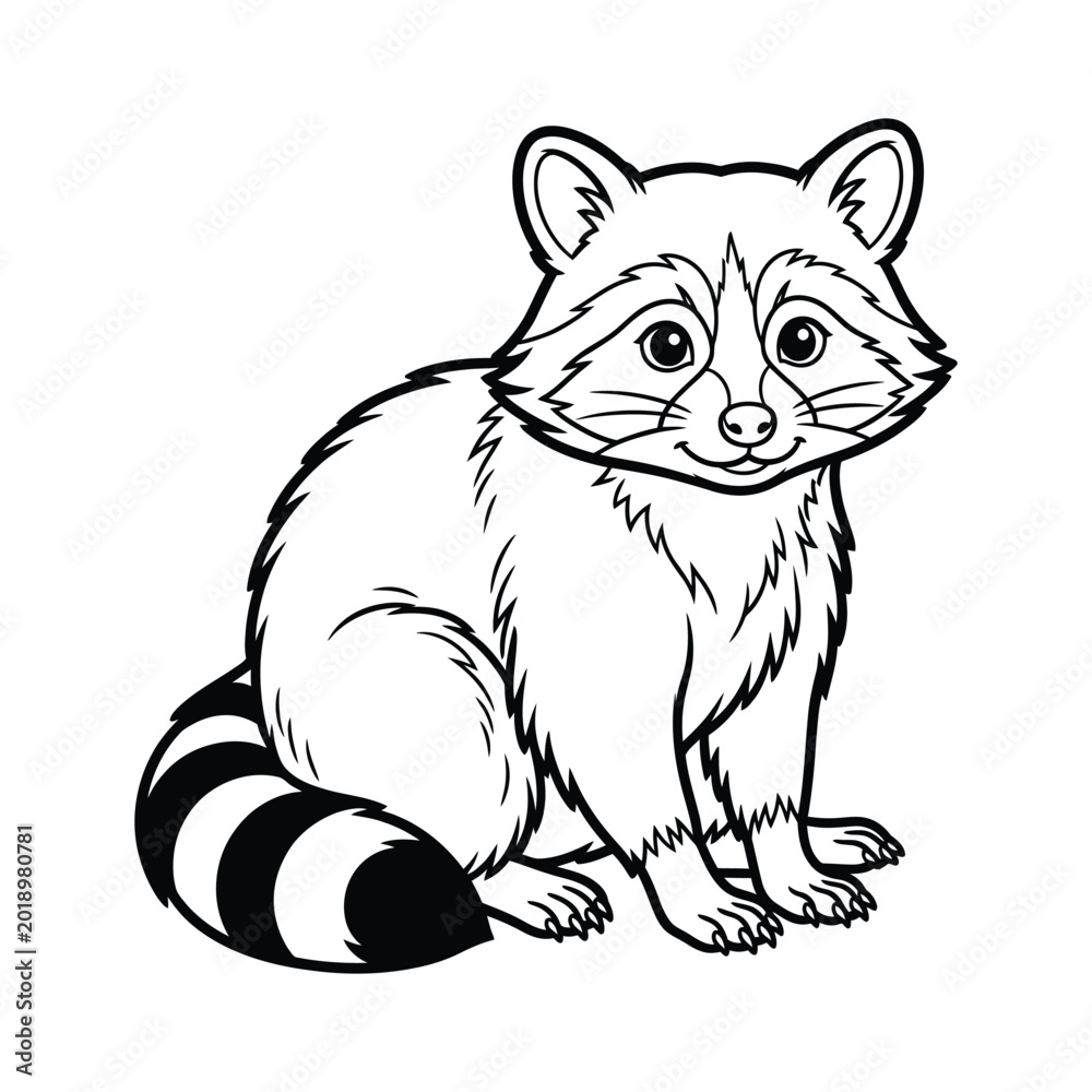 Obraz premium Cute raccoon cartoon illustration sitting on white background with black lines and details