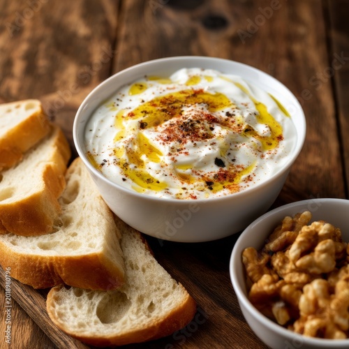 Yogurt With Olive Oil and Spices Served With Bread and Walnuts on a Wooden Ta...
