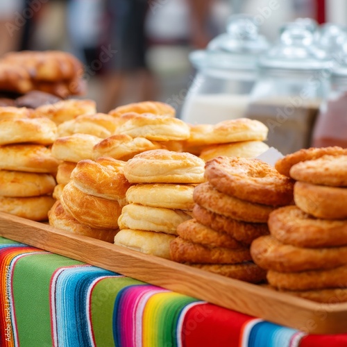 Baked Goods Displayed at a Market With Colorful Tablecloth in Bright Daylight