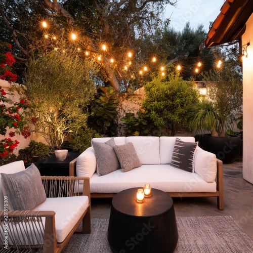Cozy Outdoor Sitting Area With Lights and Plants at Evening Time Near a House