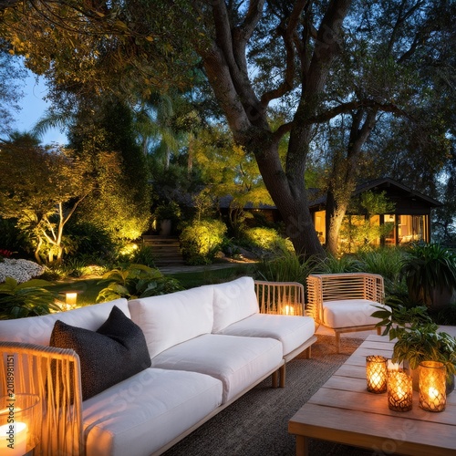 Cozy Outdoor Seating Area With Lamp and Plants at Night in a Garden Setting