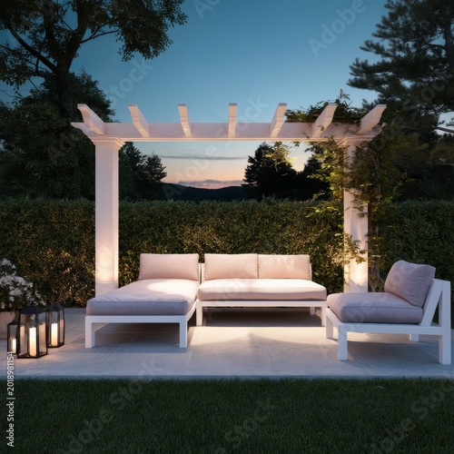 Cozy Outdoor Seating Area With Soft Lighting at Dusk in a Garden Setting