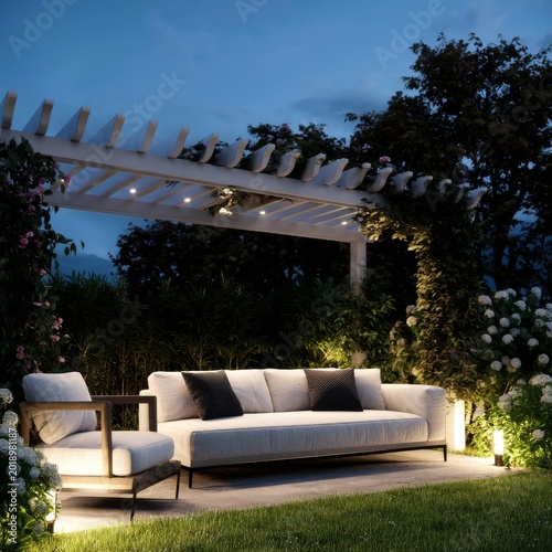 Cozy Outdoor Seating Area With Soft Lighting at Dusk in a Garden Setting