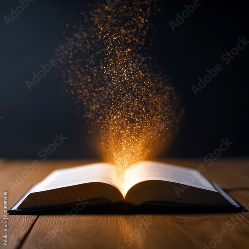 Light Shines From an Open Book on a Wooden Table in a Dark Room