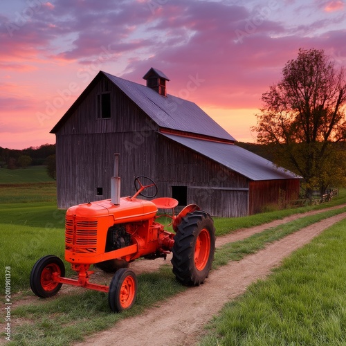 Old Orange Tractor Parked Near a Gray Barn at Sunset in a Rural Area