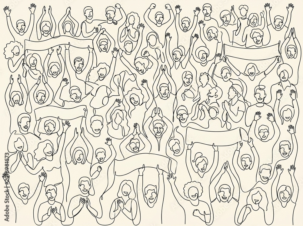 Fototapeta premium Doodle crowd of people with arms raised line art illustration celebration