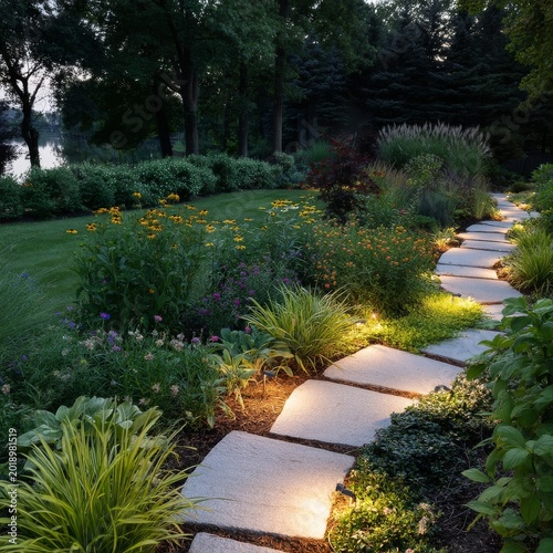 Pathway Lined With Lights Winds Through Garden in Evening Near Lake