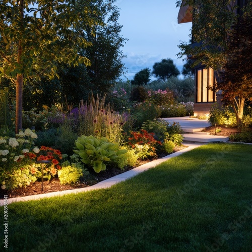 Pathway Lined With Lights Winds Through Garden in Evening Near Lake