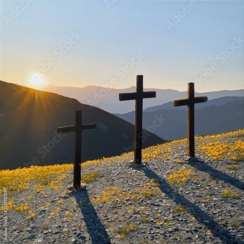 Three Wooden Crosses Stand on a Hill During Sunset in a Mountainous Area