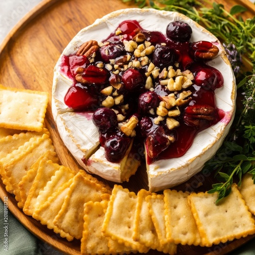 Cheese Board With Sliced Brie, Fruit Jam, Nuts, and Crackers on a Wooden Platter