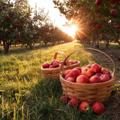 Baskets Filled With Apples on Grass Under Sun in Orchard During Afternoon