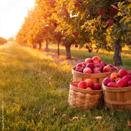 Baskets Filled With Apples on Grass Under Sun in Orchard During Afternoon