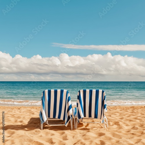 Two Beach Chairs on a Sandy Shore With Ocean View and Clouds in the Sky