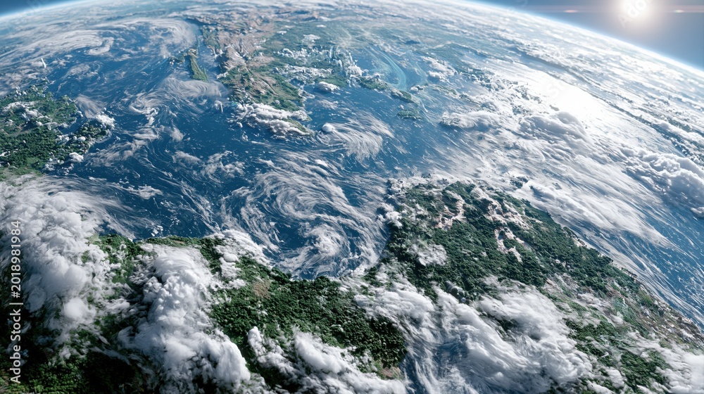 Fototapeta premium Stunning View of Earth from Space with Clouds and Sunlight Glinting Off Atmosphere