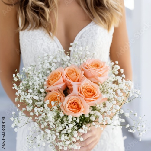 Bridal Party Holds Bouquet of Peach Roses With White Flowers in Indoor Settin...