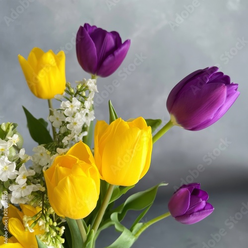 Colorful Tulips and White Flowers in a Vase on a Simple Background