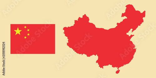 Hand Drawn China Map Silhouette With Chinese National Flag Vector Illustration.
