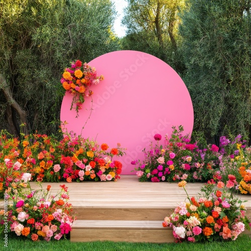 Colorful Flower Display With Pink Backdrop and Wooden Platform in a Garden Se...