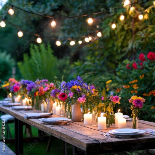 Colorful Flowers and Candles on a Table in a Garden During an Evening Gatheri...
