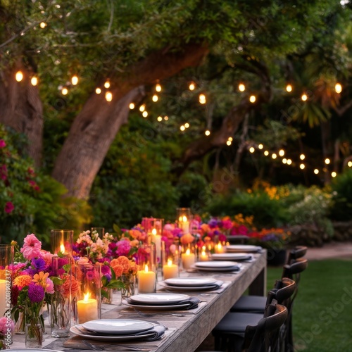 Colorful Flowers and Candles on a Table in a Garden During an Evening Gatheri...