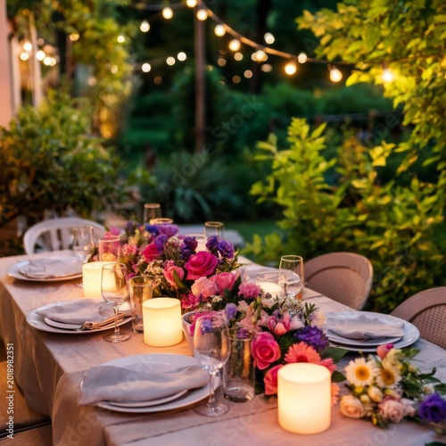 Outdoor Dinner Event Setup With Flowers and Candles in Garden Space at Sunset...