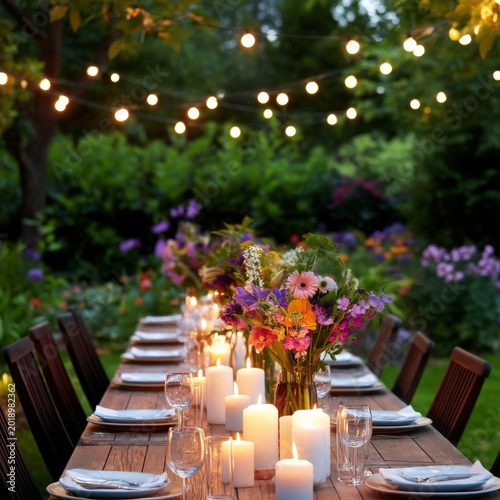 Outdoor Dinner Event Setup With Flowers and Candles in Garden Space at Sunset...