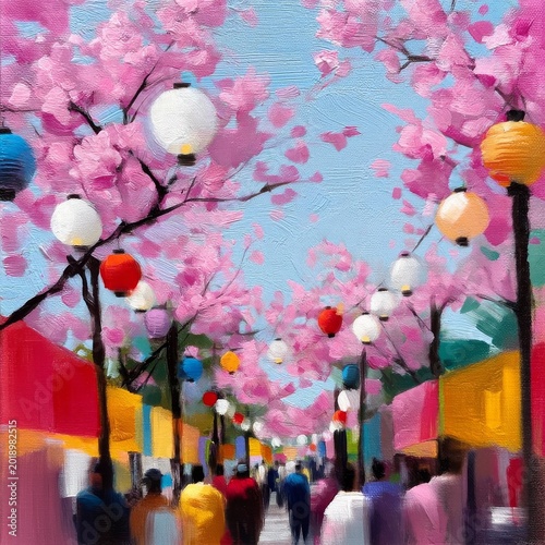 Beautiful Cherry Blossom Festival With Colorful Lanterns in the Park During S...