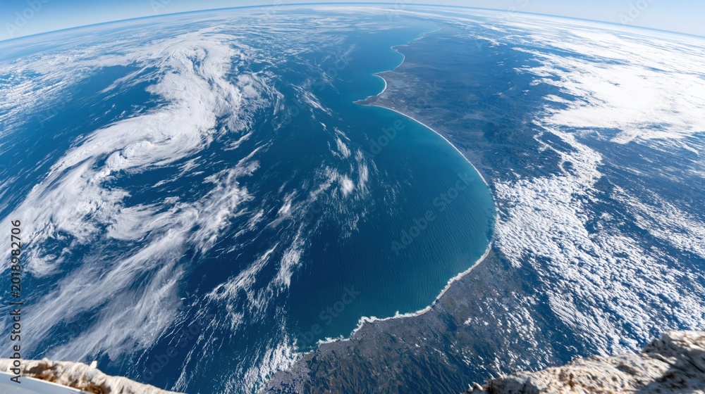 Fototapeta premium Vast Ocean Coastline View From Space With Swirling Clouds And Landmass