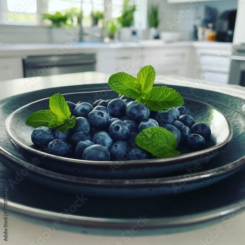 Fresh Blueberries Sit on Black Plates With Mint Leaves in a Bright Kitchen Se...