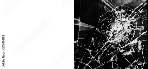 Fotografi A closeup view of a shattered glass surface with cracks and breaks on a dark bac