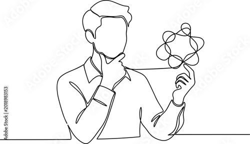 Photos Man contemplating molecule, single line drawing, science and innovation concept