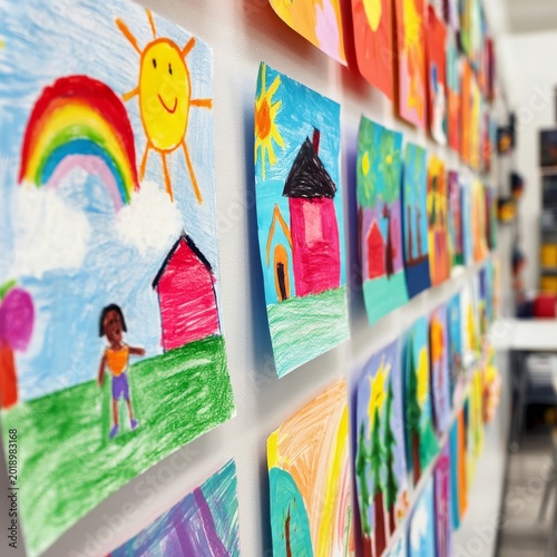 Colorful Artwork Displayed on a Wall in a Classroom Showing Childrens Creativ...
