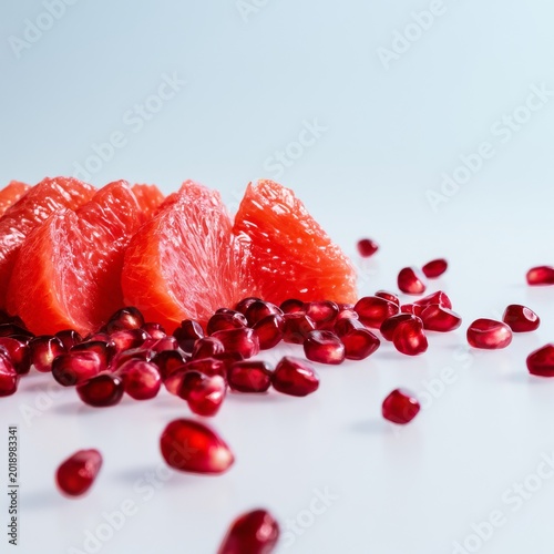 Fresh Sliced Grapefruit and Pomegranate Seeds Arranged on a Table for a Healt...