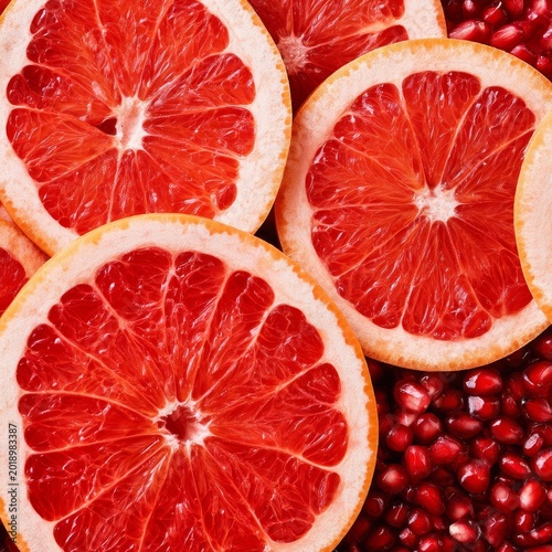 Freshly Cut Red Grapefruit Slices Placed on a Bed of Pomegranate Seeds in a B...