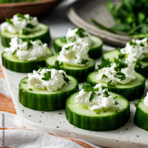 Fresh Cucumber Slices Topped With Cream Cheese and Herbs on a White Platter