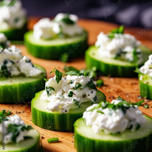 Cucumber Slices Topped With Cottage Cheese and Herbs on a Wooden Board in a K...