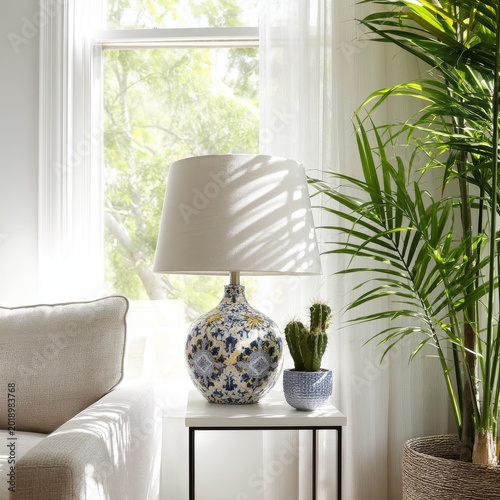 Cozy Living Room With a Lamp and a View of Trees Outside on a Sunny Day