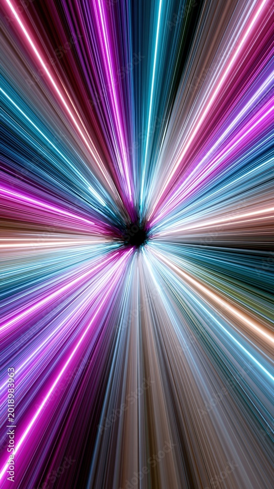 Fototapeta premium Vibrant burst of colorful neon lights radiating outwards from a central black void, abstract energy tunnel