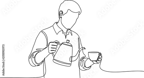 Tableau sur toile Man making pour over coffee, minimalist line art, brewing hot beverage